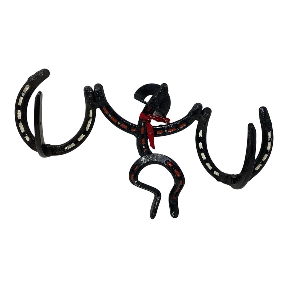 Vtg Horseshoe Americana Metal Art Wall Hanging 2 Hook Dancing Cowboy 16"